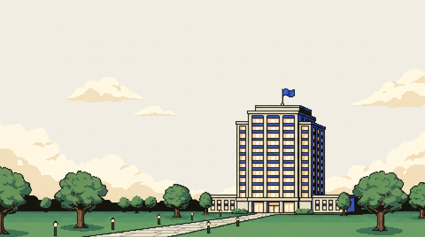 Pixel-art illustration of the Polity headquarters: a cream stone tower with seventeen floors of lit windows and a cobalt flag, set in a quiet green campus